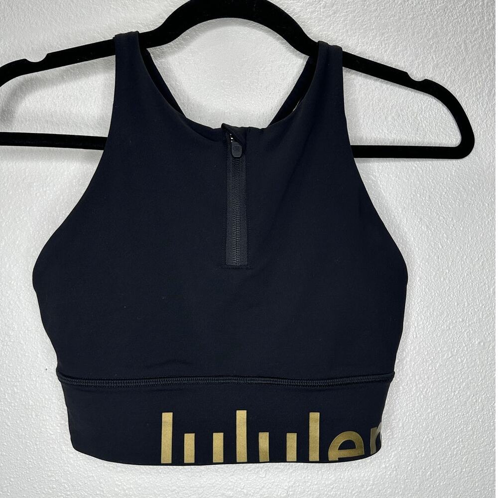 Lululemon Black Energy Bra High Neck Front Zip Gold Logo Sports Bra